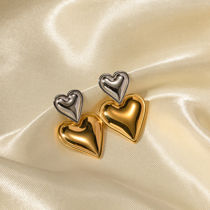 18K Gold Stainless Steel Heart-shaped Gold And Silver Color Matching Earrings