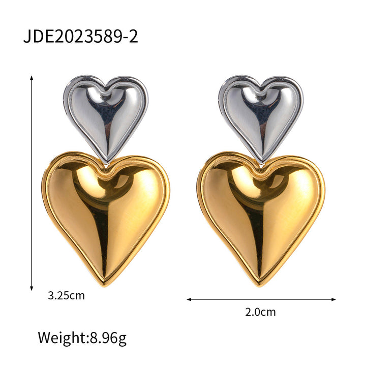 18K Gold Stainless Steel Heart-shaped Gold And Silver Color Matching Earrings