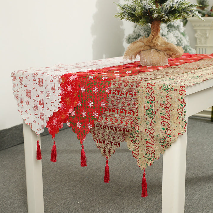 Christmas decorative linen print snowflake with tassel table mat