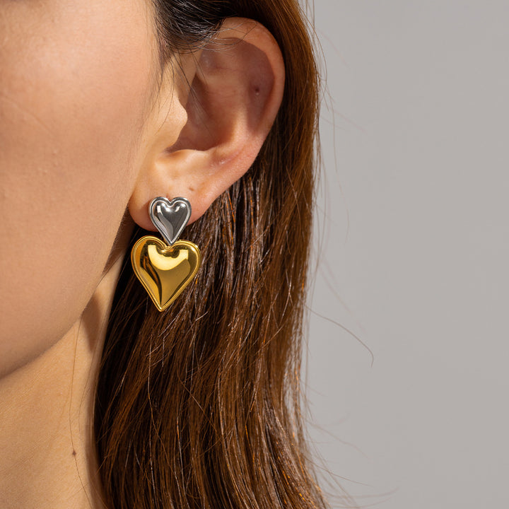 18K Gold Stainless Steel Heart-shaped Gold And Silver Color Matching Earrings