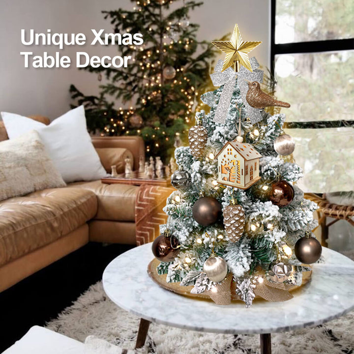 2ft Mini Christmas Tree With Light Woodland Artificial Small Tabletop Christmas Decoration With Flocked Snow, Exquisite Decor & Xmas Ornaments For Table Top For Home & Office