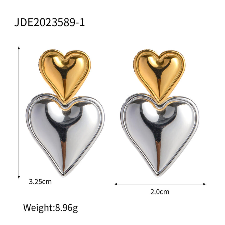 18K Gold Stainless Steel Heart-shaped Gold And Silver Color Matching Earrings