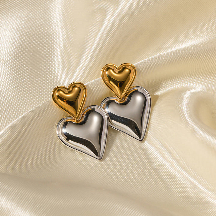 18K Gold Stainless Steel Heart-shaped Gold And Silver Color Matching Earrings