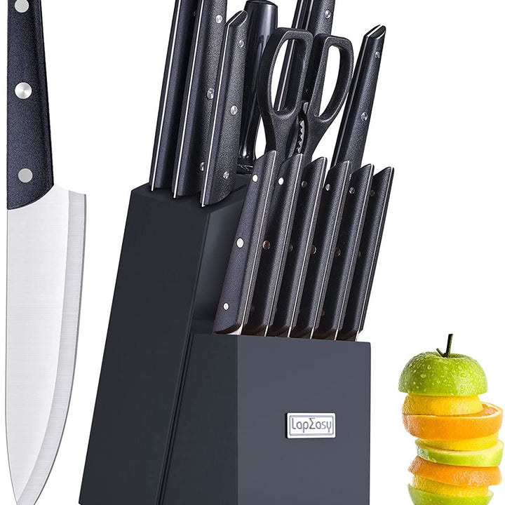 Knife Set With Block,  LapEasy 15 Pieces Kitchen Knife Set With Pine Block Holder, Knife Block Set With Sharpener,  High Stainless Steel Knives With Comfortable-Grip ABS Handles.